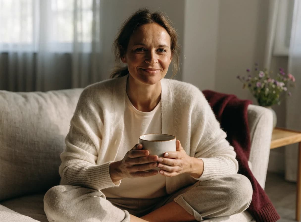 Frau sitzt lächelnd im Schneidersitz auf einem hellen Sofa und hält eine Tasse Tee in beiden Händen (KI-generiert)